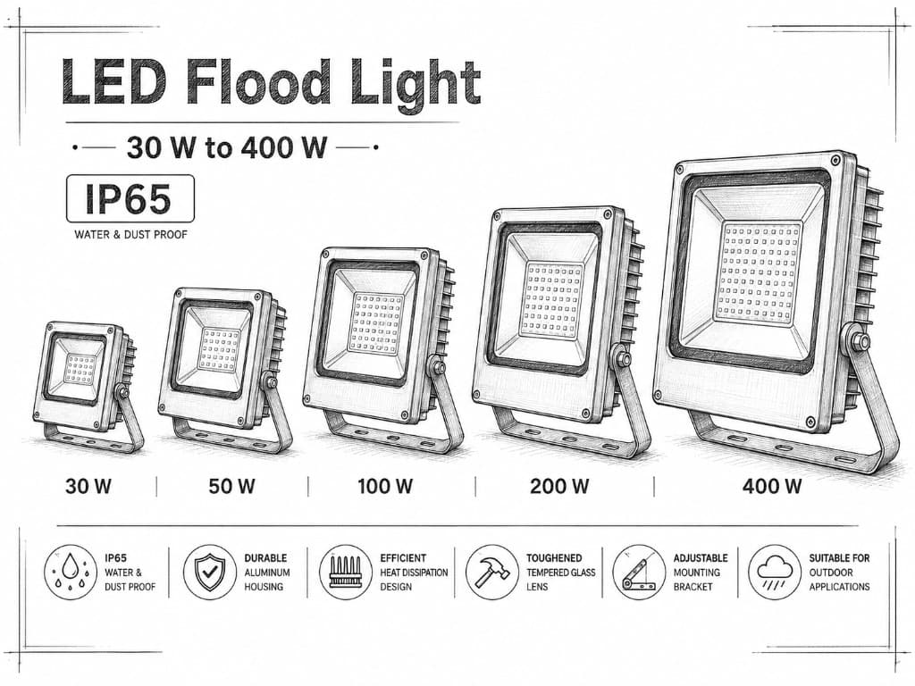 Technical lineup of LED flood lights from 30 W to 400 W with IP65 aluminium housings and adjustable brackets