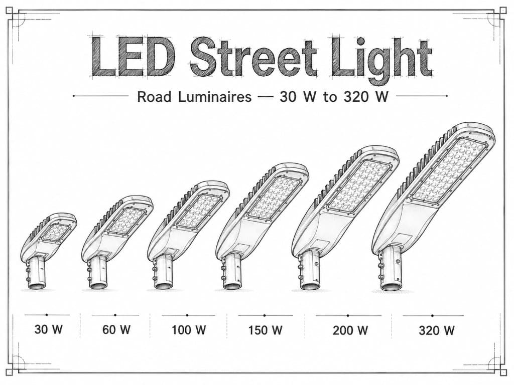 Technical lineup of LED street lights from 30 W to 320 W showing cooling fins and LED modules