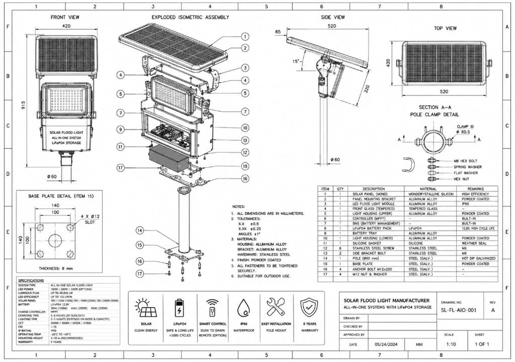 Engineering drawing of an all-in-one solar flood light with LiFePO4 storage, exploded assembly and specifications
