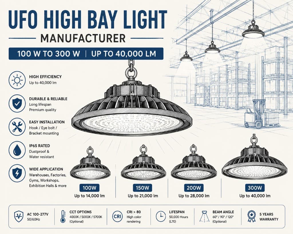 Technical drawing of UFO high bay lights from 100 W to 300 W, up to 40,000 lumens, shown in a warehouse