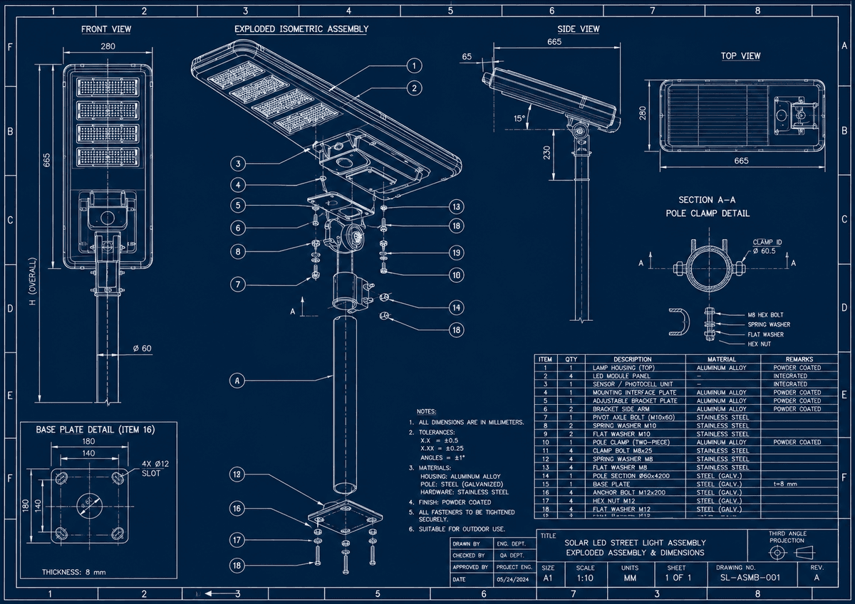 Blueprint production drawing detailing luminaire housing dimensions and assembly