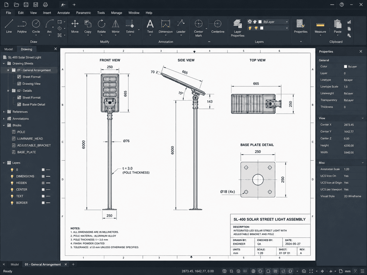 CAD engineering drawing showing luminaire layout and technical specification