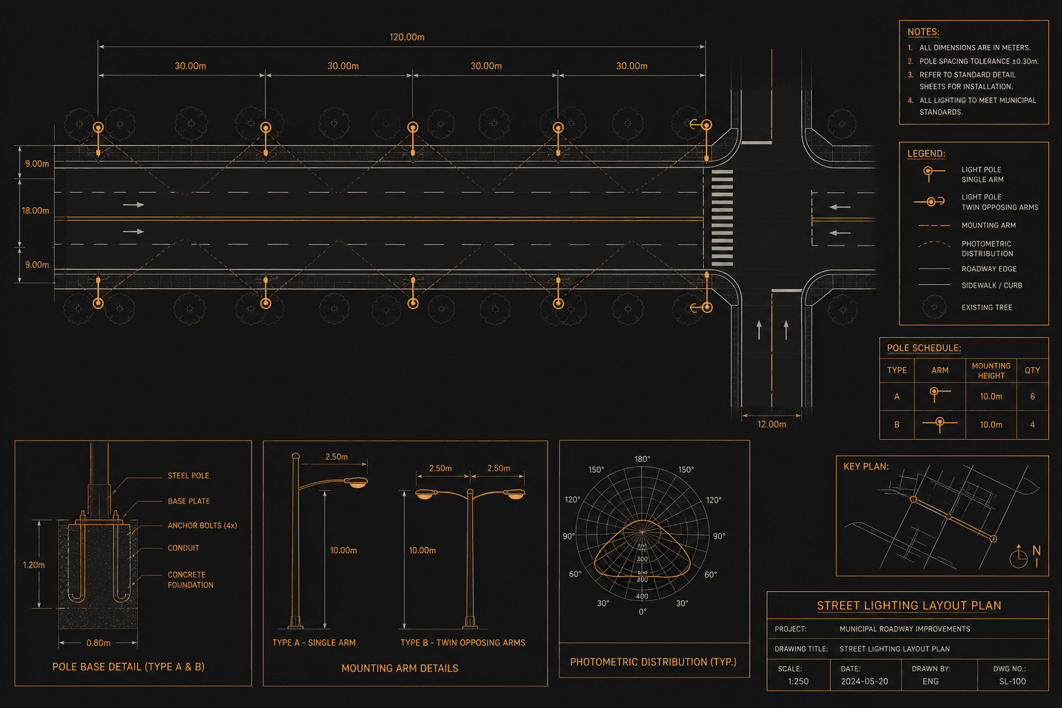 CAD engineering plan showing street lighting pole spacing and mounting details