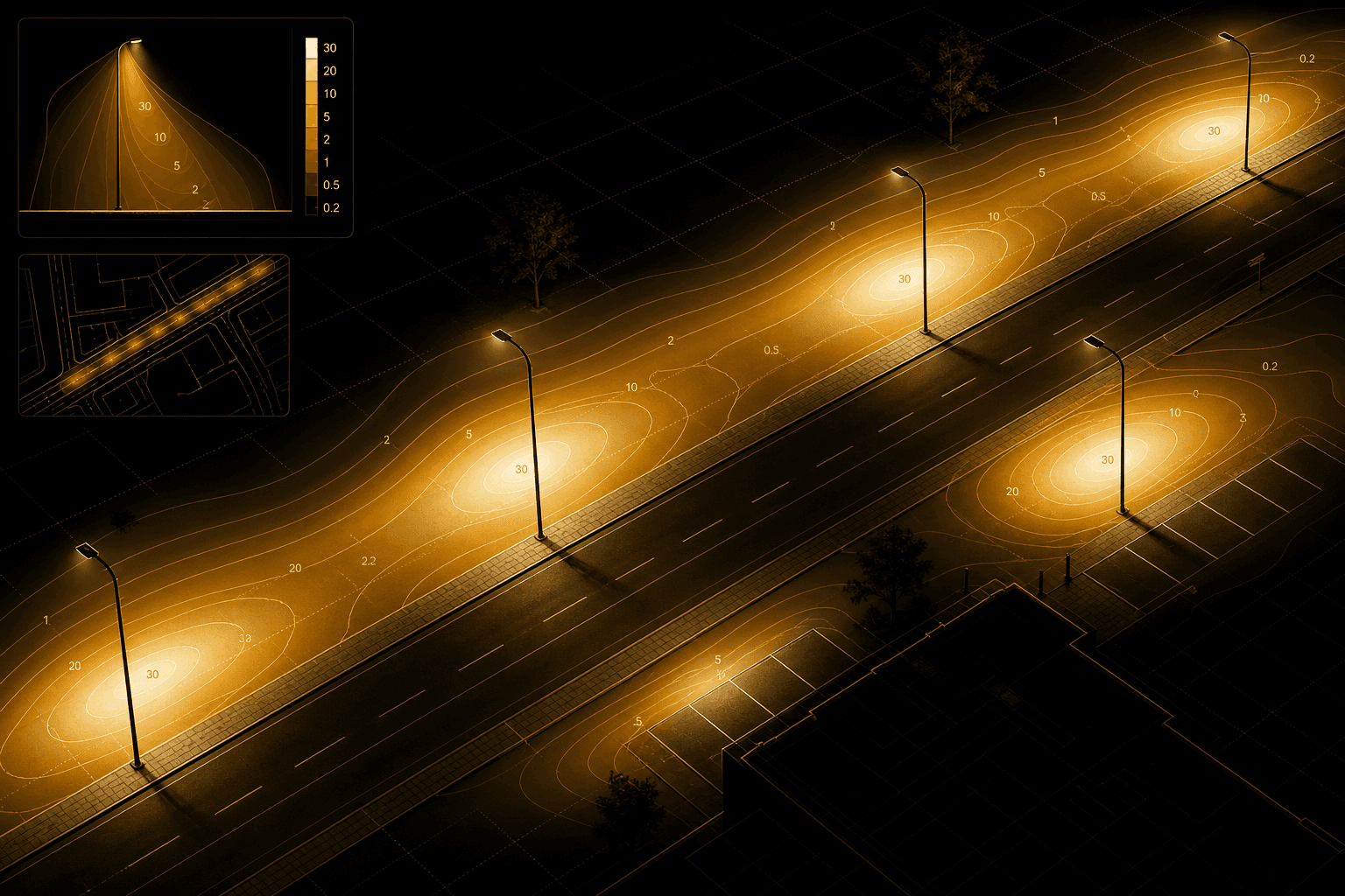 DIALux photometric calculation with lux contour heatmap over a street layout