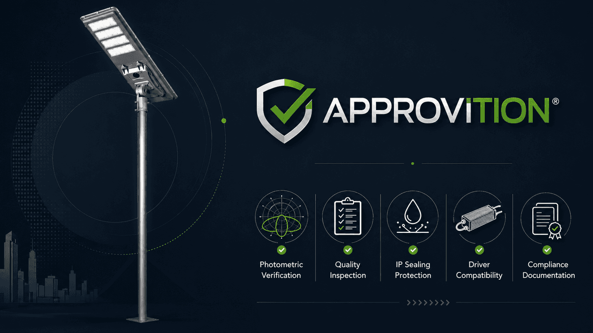 Quality control verification covering photometric testing, IP sealing, and compliance sign-off