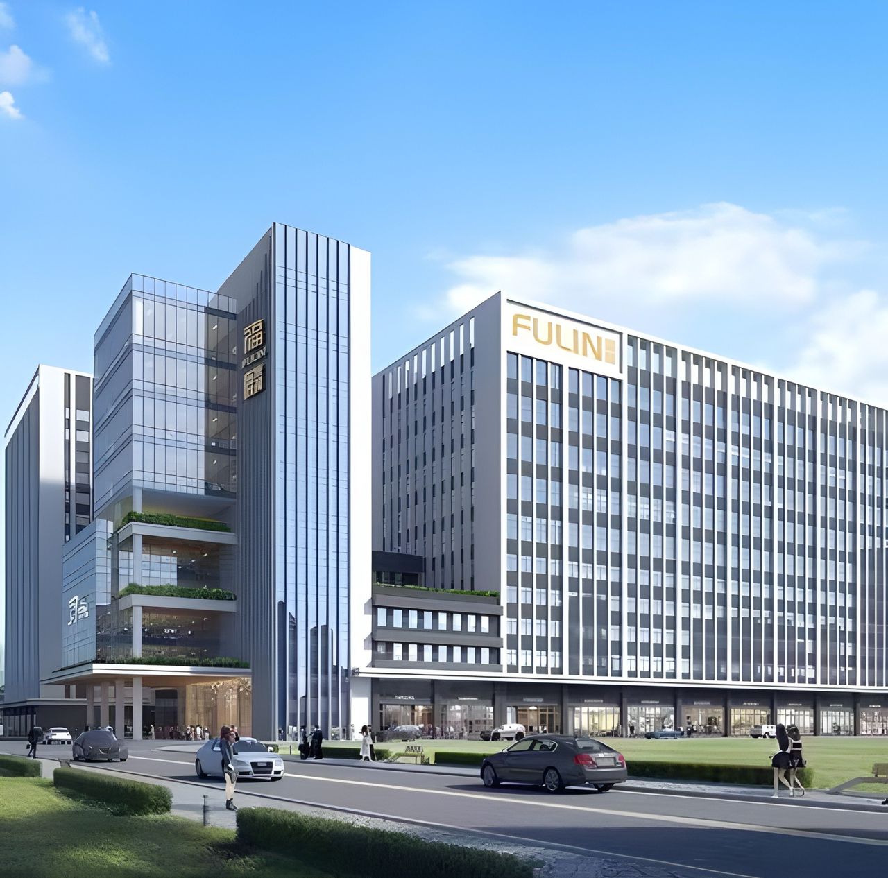 Modern commercial building complex showcasing Jupiter Made-Well lighting solutions
